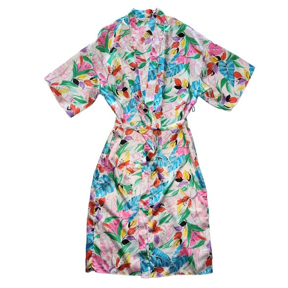 Vintage 80's Private Lives Silky Floral Robe Short Sleeve Bold Colorful Flowers - Picture 1 of 7